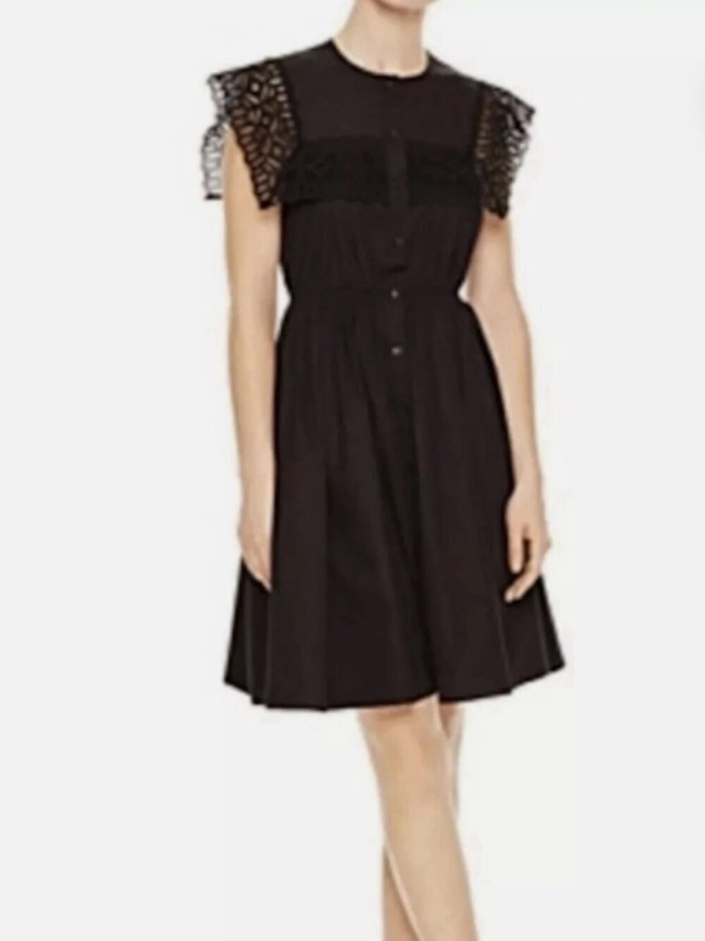 Sandro Paris Lidwine Black Poplin Lace-Trim Dress | Sz 38 | Guipure Sleeves